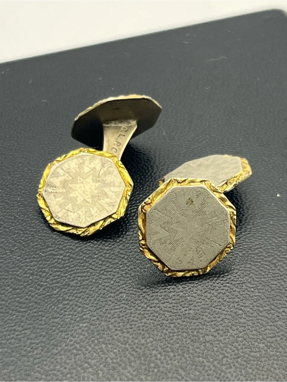 C.L.P. Co Art Deco two tone gold & silver tone engraved design cufflinks vintage
